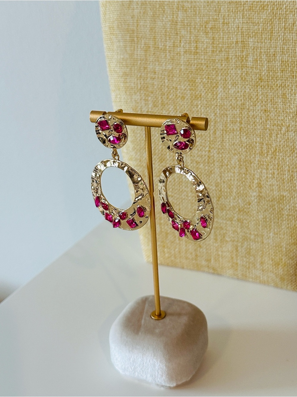 Fashion Jewelry Gold-Tone Hoop Drop Earrings with Fuchsia Stones